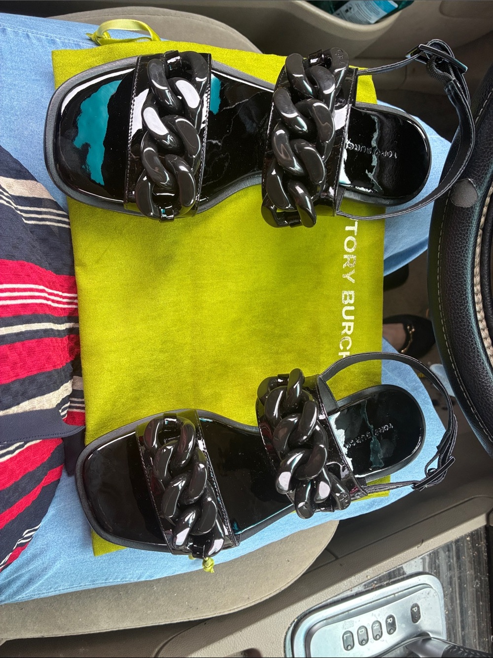 Tory Burch Kids Black Patent Chain-Link Strap Sandals